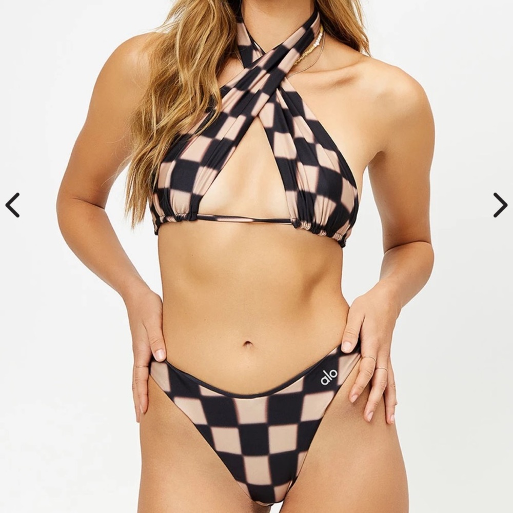 Frankie's Bikinis X ALO Yoga Black and Beige Checkerboard Halter Bikini